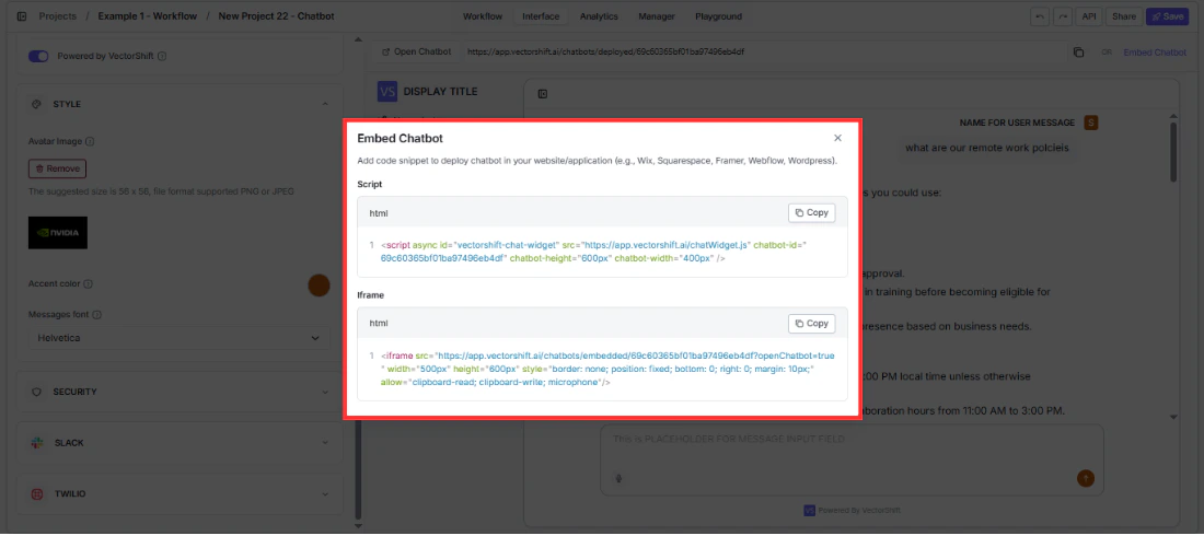 Embed Chatbot modal showing Script and iFrame code snippets
