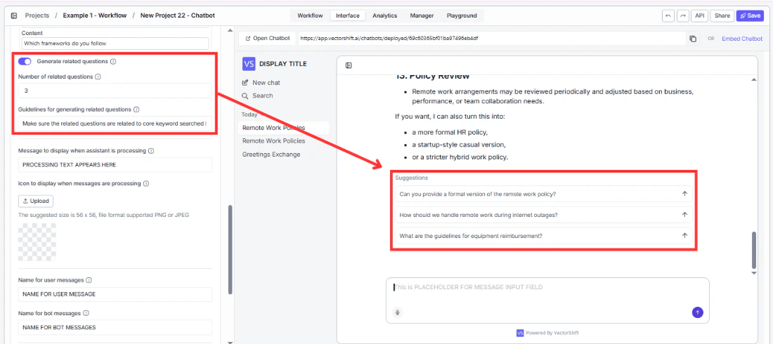 Follow-up questions settings and preview in the General panel