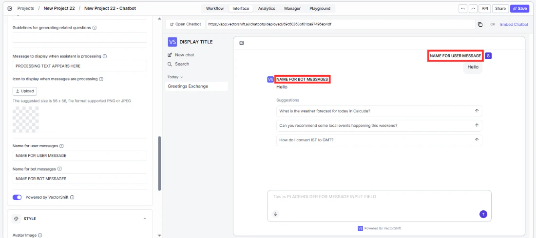 Name for user messages and Name for bot messages fields