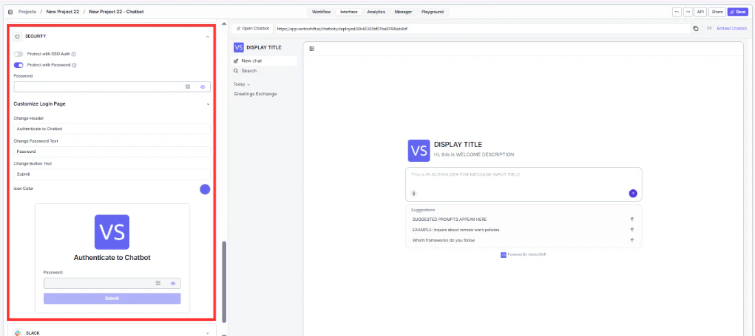 The password protection panel in the Security section
