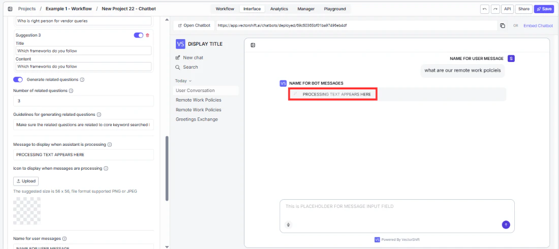 Processing text and icon settings highlighted in the General panel