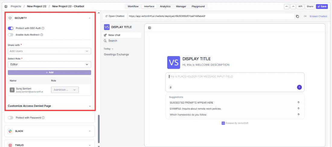 The SSO protection panel in the Security section