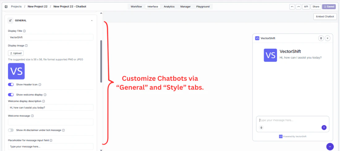 The General and Style tabs for customizing the chatbot
