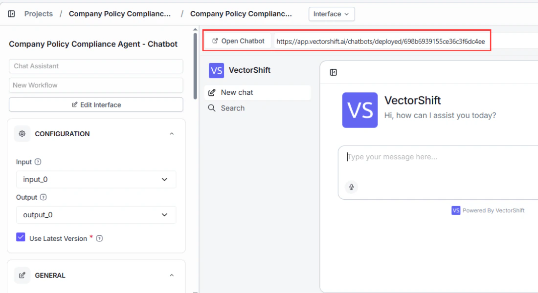 The chatbot builder after creation, showing the chatbot tab with all settings panels