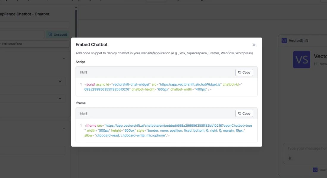 Side-by-side comparison — script tag showing floating widget vs iFrame showing inline embed
