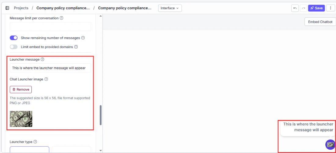 The Launcher settings for embedded chatbots
