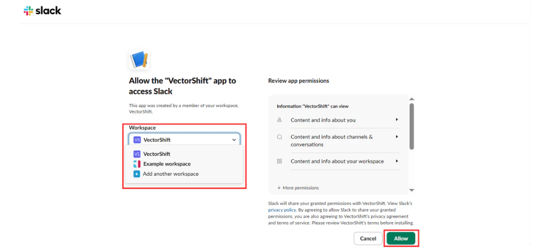 The Slack authorization page with workspace selection and Allow button