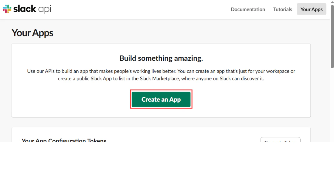 The Slack API apps page