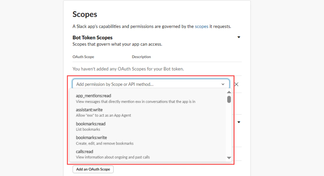 Workspace selection in the Slack app setup