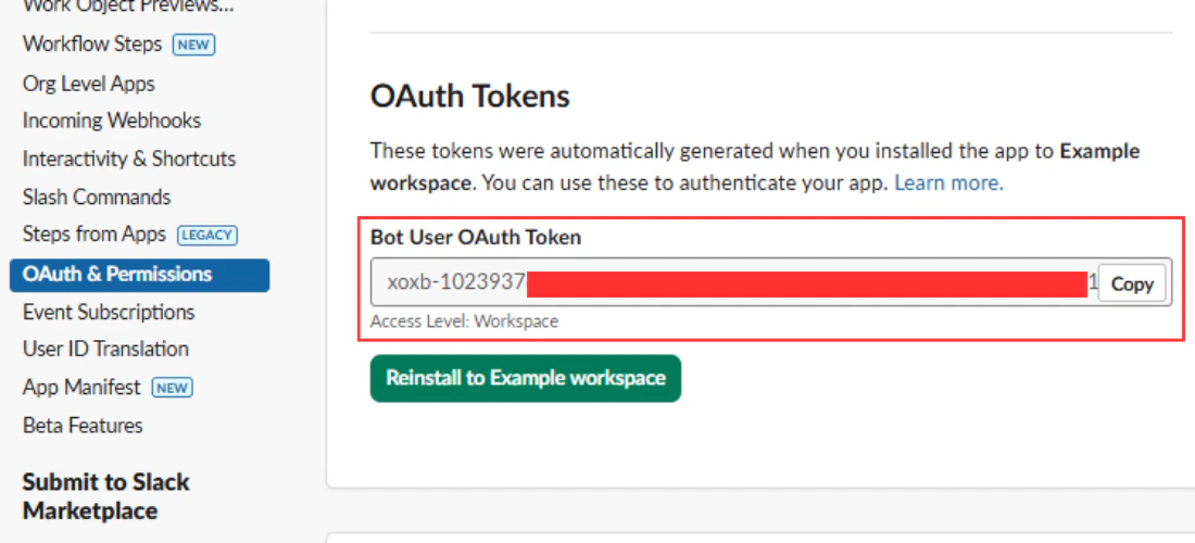 The OAuth and Permissions page with the token highlighted