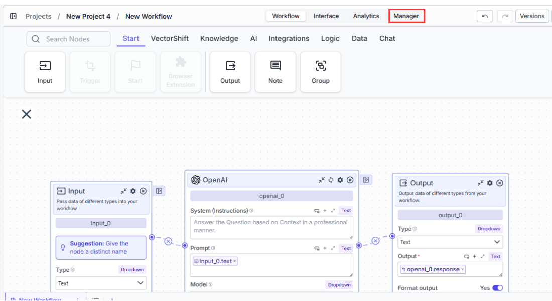 The navigation path to the Manager tab from the Chatbots page