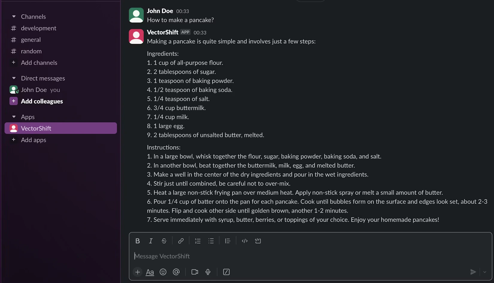 The VectorShift chatbot responding to a user message in Slack