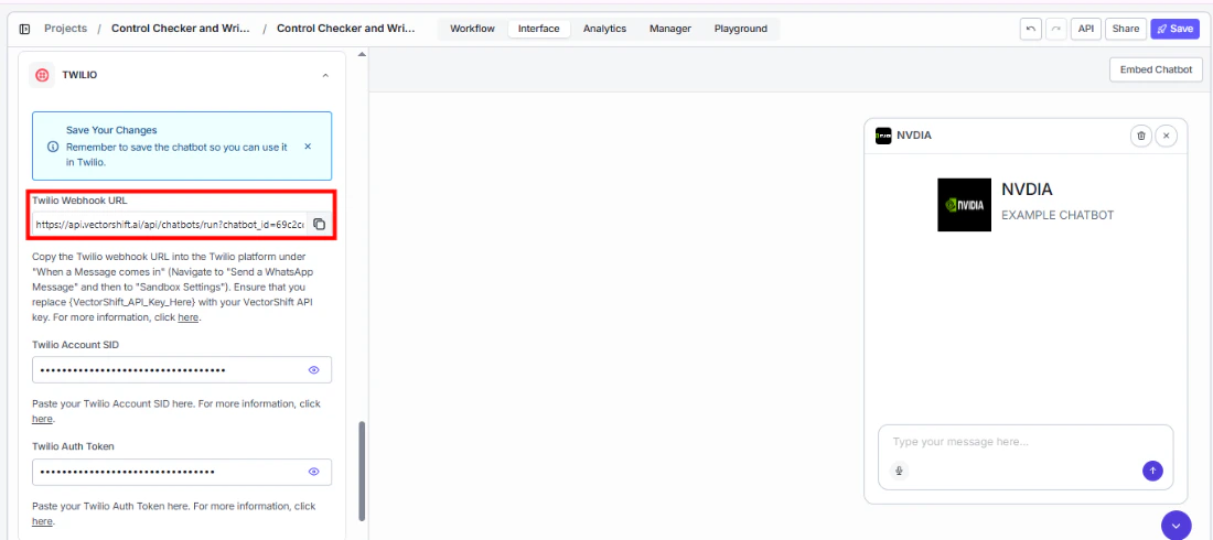 Copying the Twilio webhook URL from VectorShift