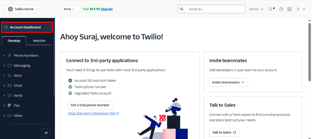 The Twilio signup page