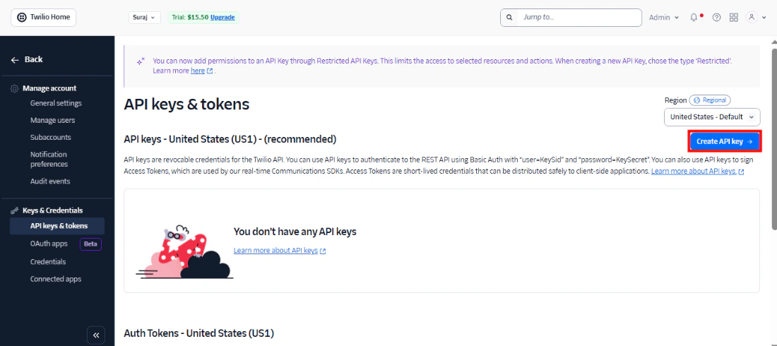 The Twilio API Keys page