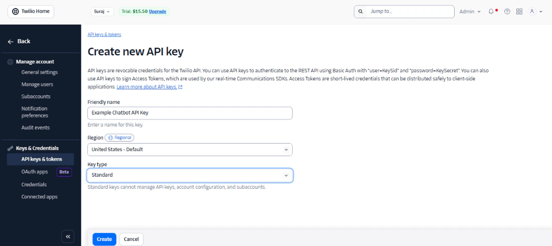 Creating a new Twilio API key