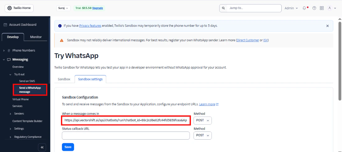 The Twilio Sandbox configuration page with the webhook URL pasted