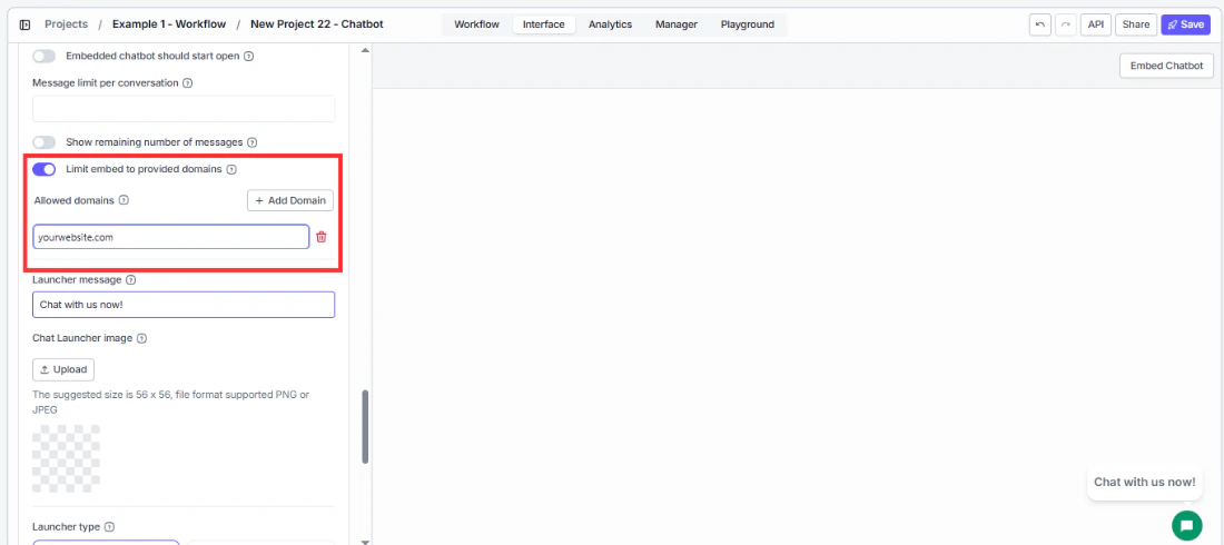 Limit embed to provided domains setting in the Advanced panel