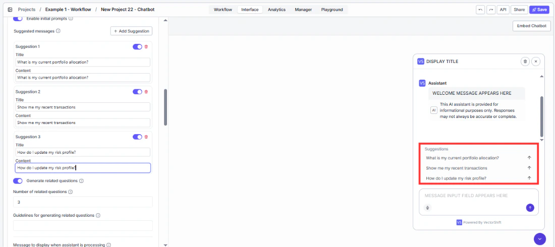 Enable initial prompts with suggestions configured in the General panel