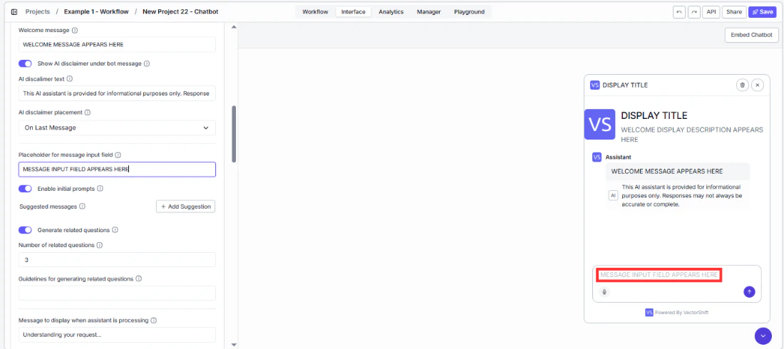 Placeholder for message input field in the General panel