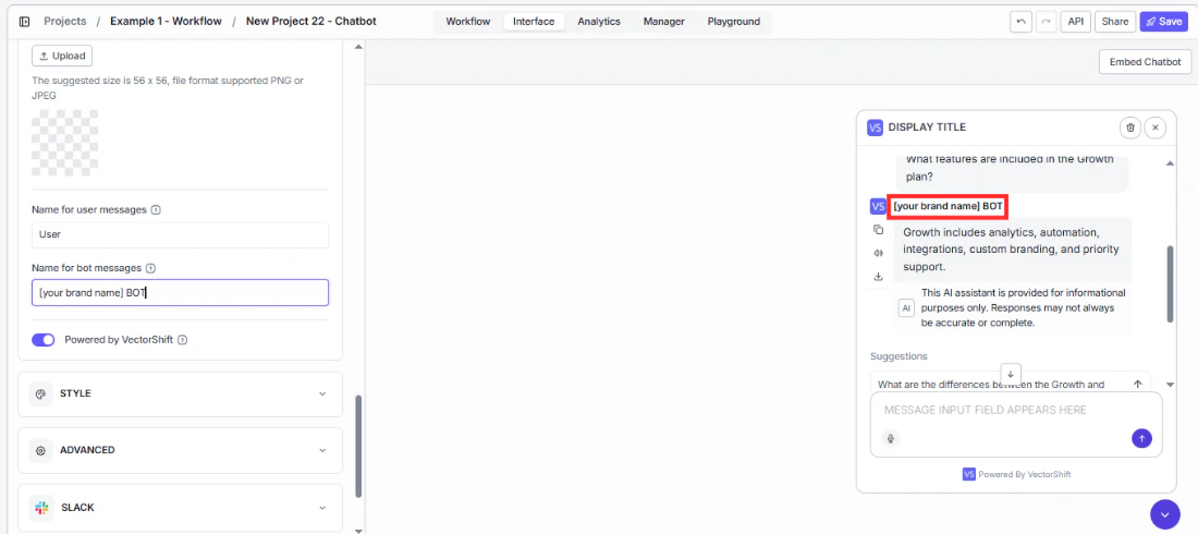 Name for user messages and Name for bot messages fields