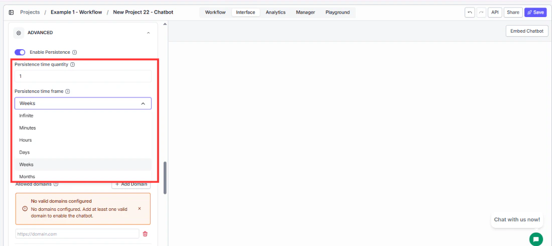 Enable Persistence and persistence duration settings in the Advanced panel