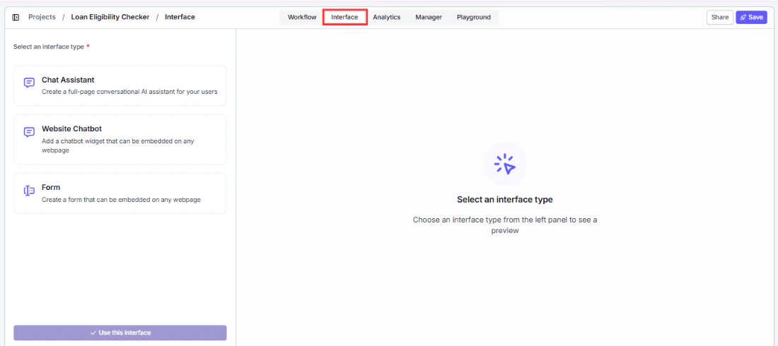 Navigating to the Interface tab to create the chatbot