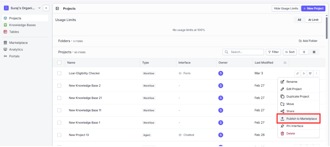 Projects list with three-dot menu showing Publish to Marketplace option highlighted