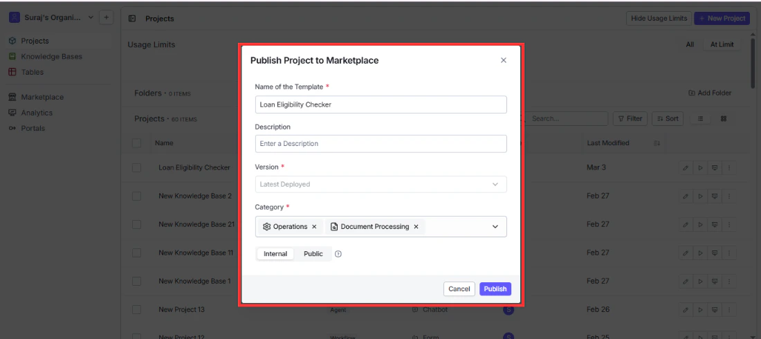 Publish Project to Marketplace dialog showing Name, Description, Version, Category, and Internal/Public fields
