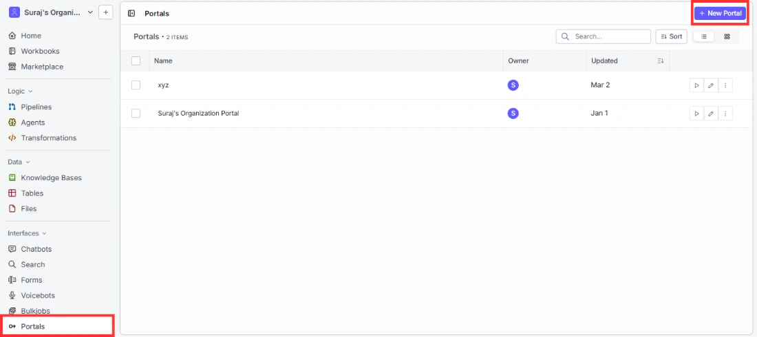 Portals list page showing existing portals with New Portal button