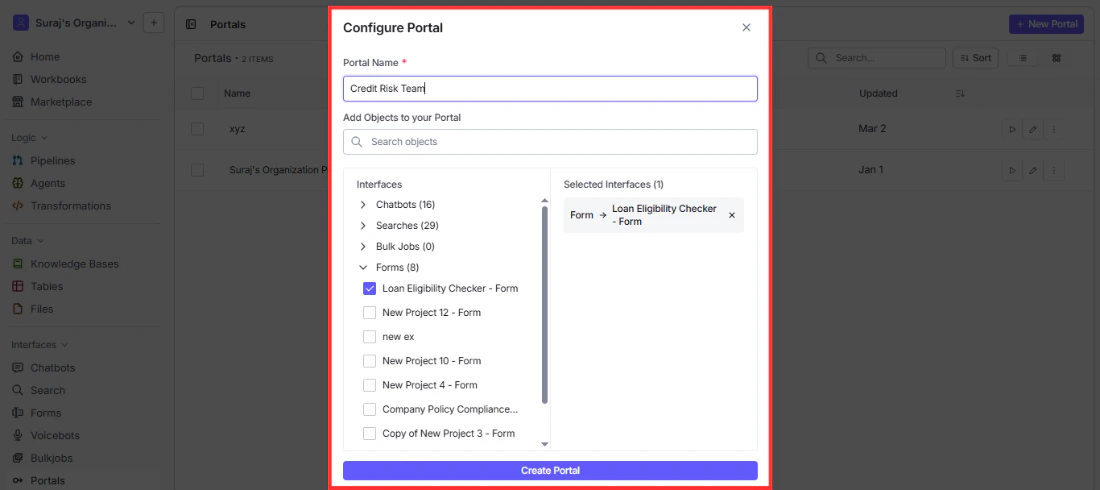 Configure Portal dialog showing form selection and Selected Interfaces panel