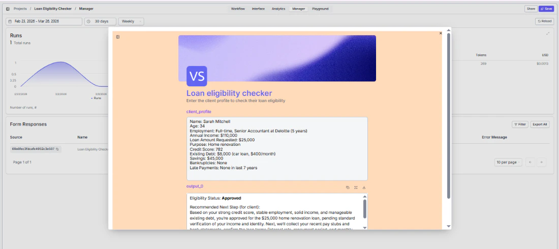 Details view showing full run details with inputs, outputs, and trace for a form submission