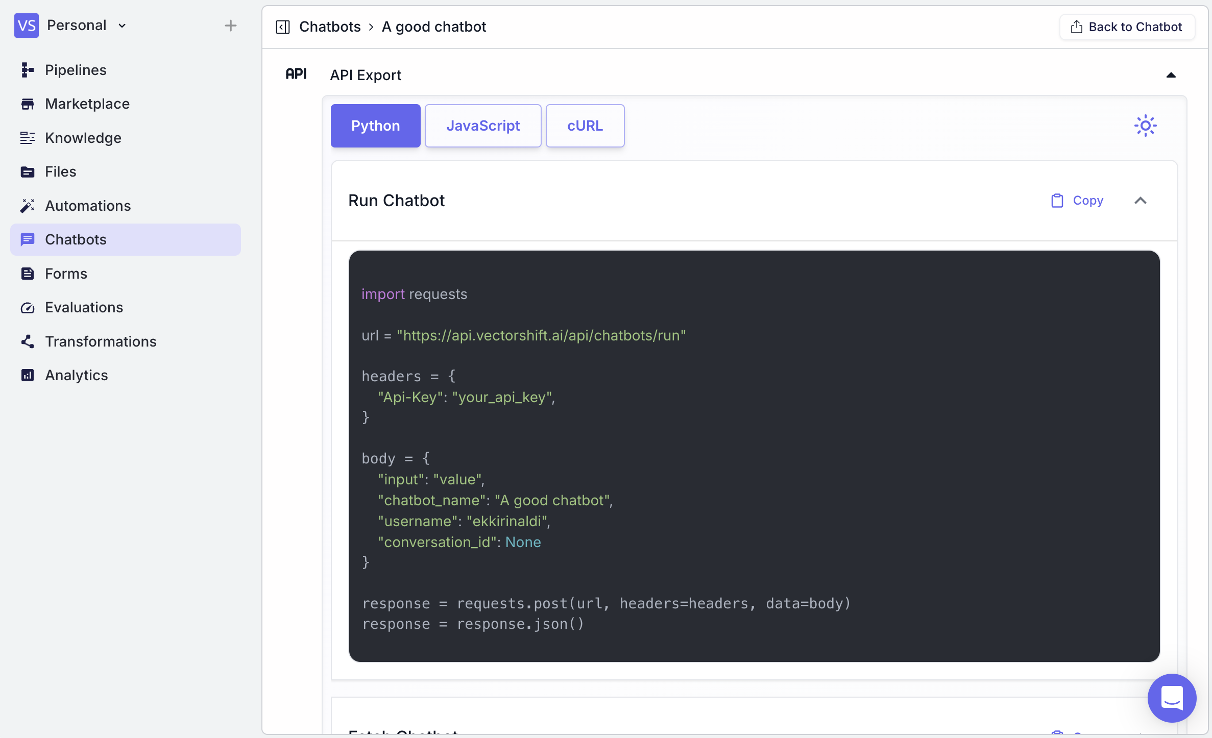 Export Chatbot API Export