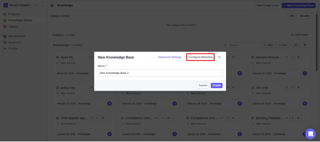 Configure Metadata tab highlighted in the creation dialog