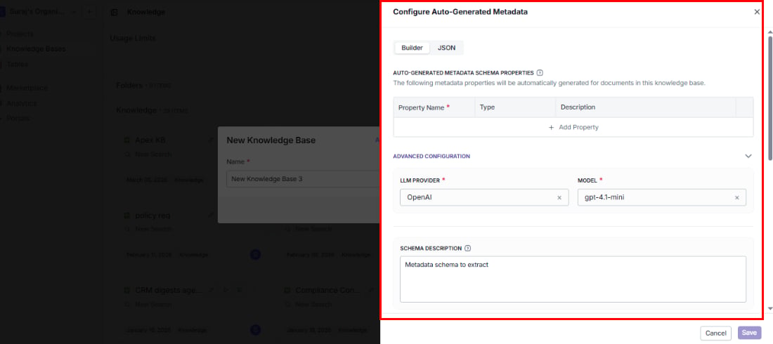 Configure Auto-Generated Metadata dialog with Builder mode showing schema properties and advanced configuration