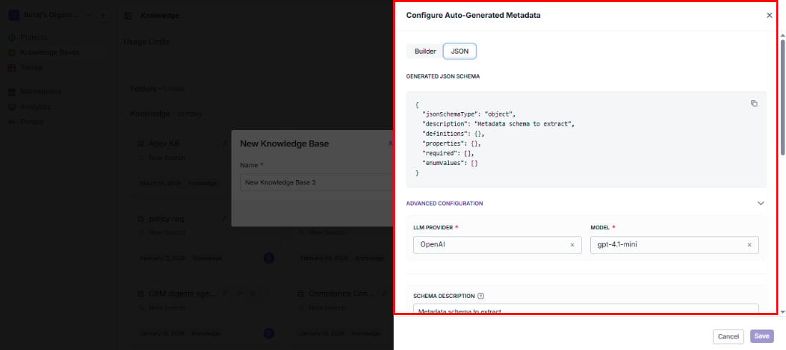 Configure Auto-Generated Metadata dialog in JSON mode showing the JSON schema editor
