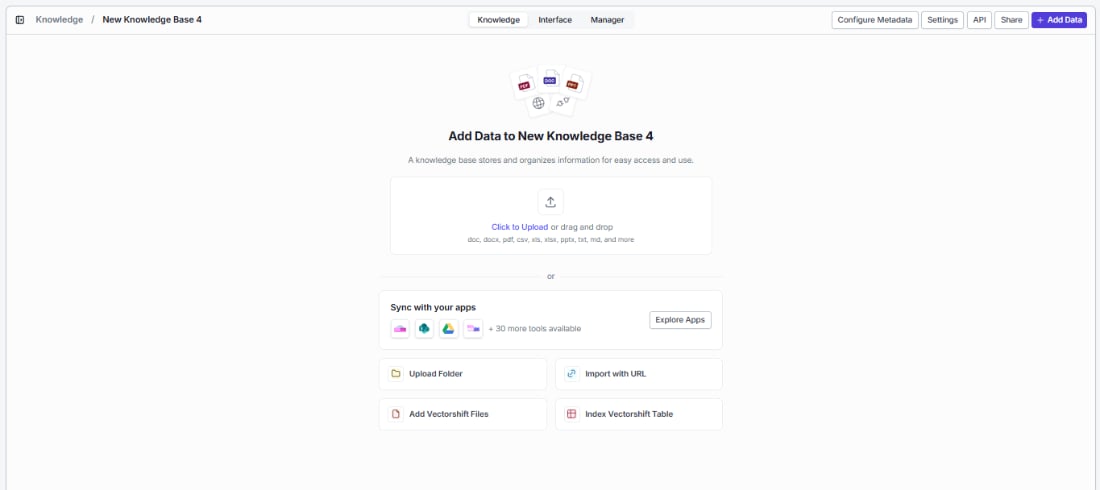 Data ingestion page showing upload, integration, scrape URL, VectorShift files, and table options