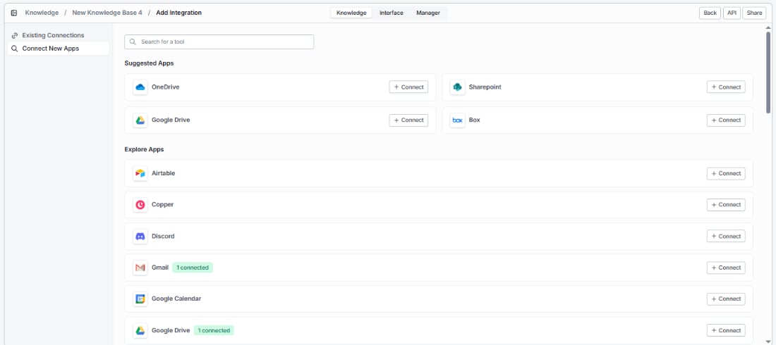 Add Integration page showing Existing Connections, Connect New Apps, Suggested Apps, and Explore Apps
