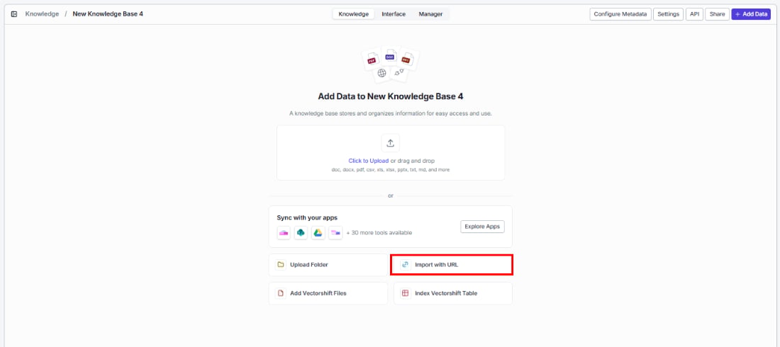 Data ingestion page with Import with URL button highlighted