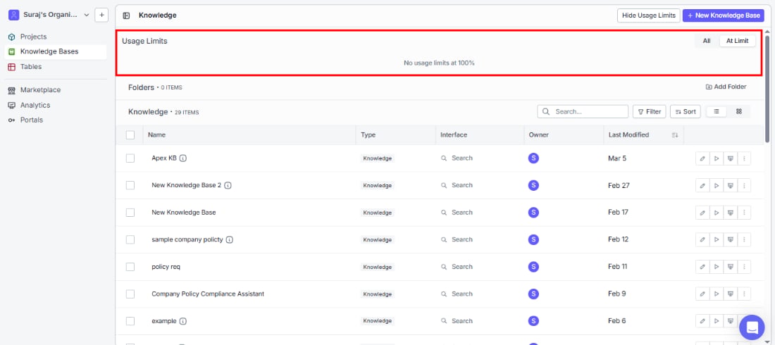 Knowledge Base listing page showing Usage Limits banner