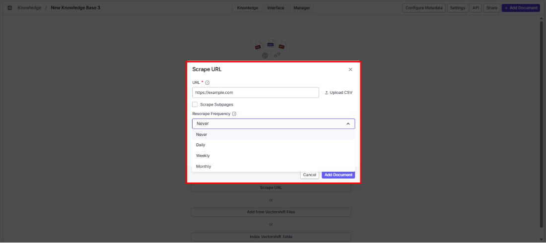 Scrape URL dialog showing URL field, scrape subpages option, and rescrape frequency dropdown