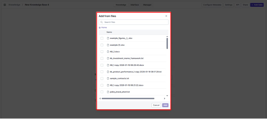 Add from files dialog showing file browser with search and file selection