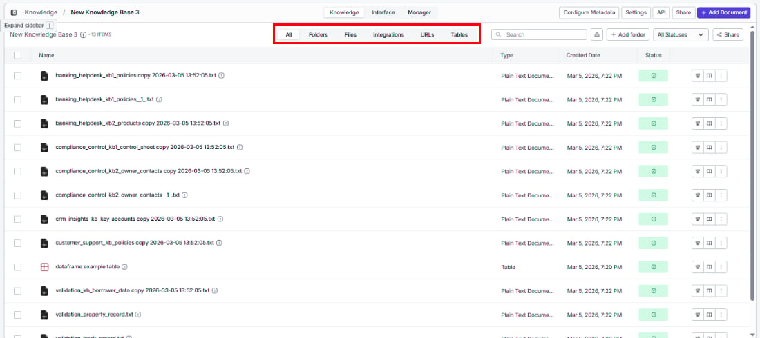Document list with filter tabs (All, Folders, Files, Integrations, URLs, Tables) highlighted