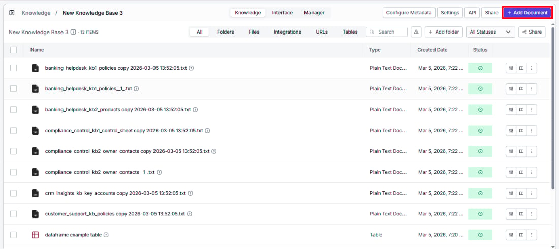 Document list showing search, add folder, share, and add document controls