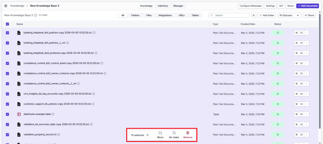 Document list with multiple items selected and bulk action buttons (Move, Re-index, Remove) visible