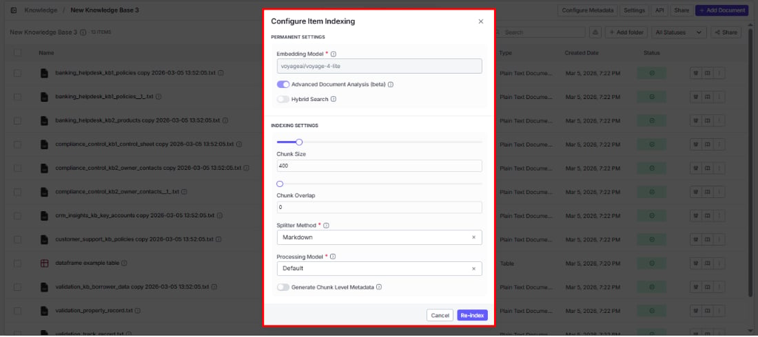 Configure Item Indexing dialog showing permanent settings and indexing settings