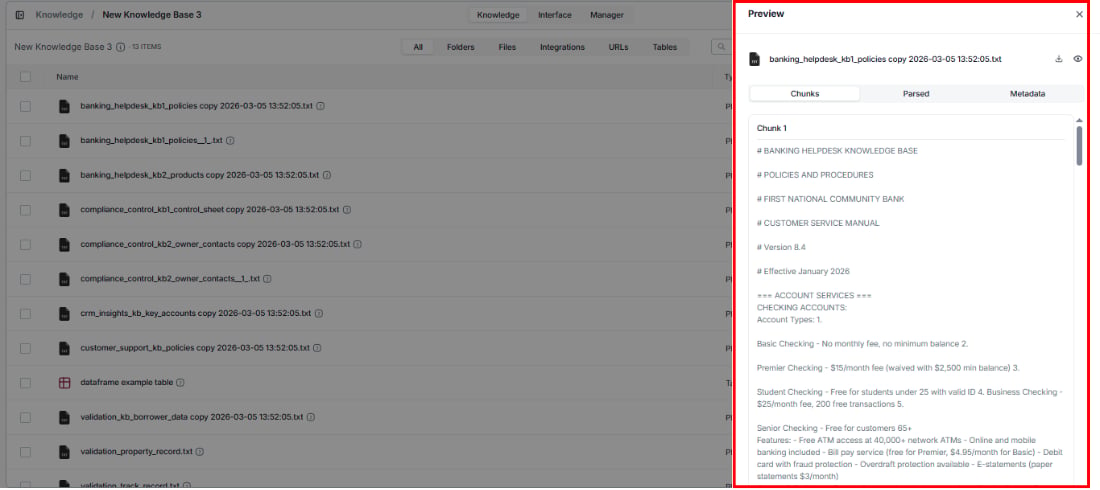 Document preview drawer showing Chunks, Parsed, and Metadata tabs