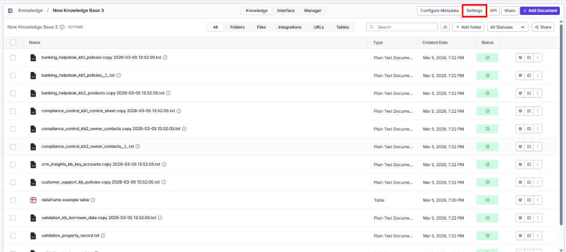 Knowledge Base Settings - VectorShift