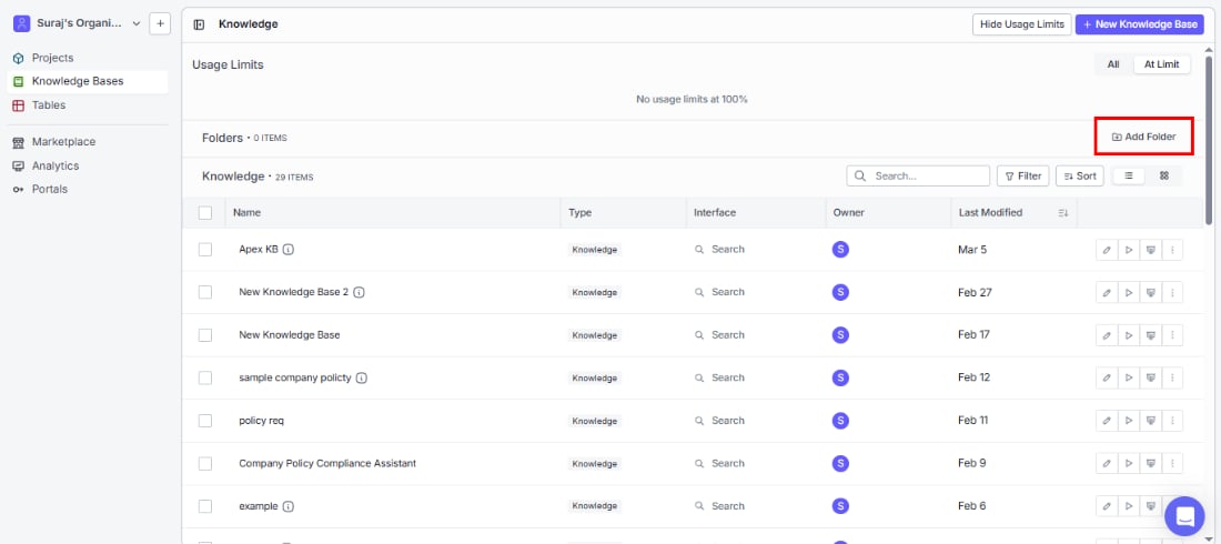Knowledge Base listing page with Add Folder button highlighted