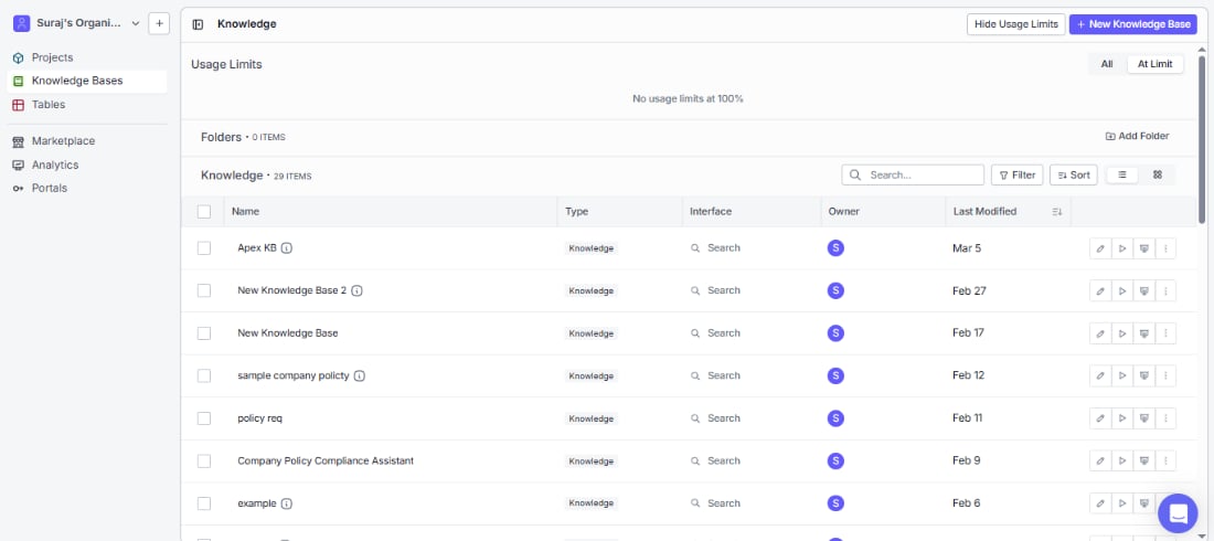 Knowledge Base listing page with search, filter, sort, and view toggle controls